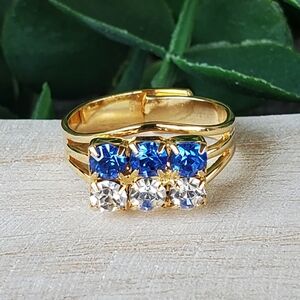 Unsigned Yellow Gold Tone Blue & White Rhinestones Adjustable Ring - Size 7
